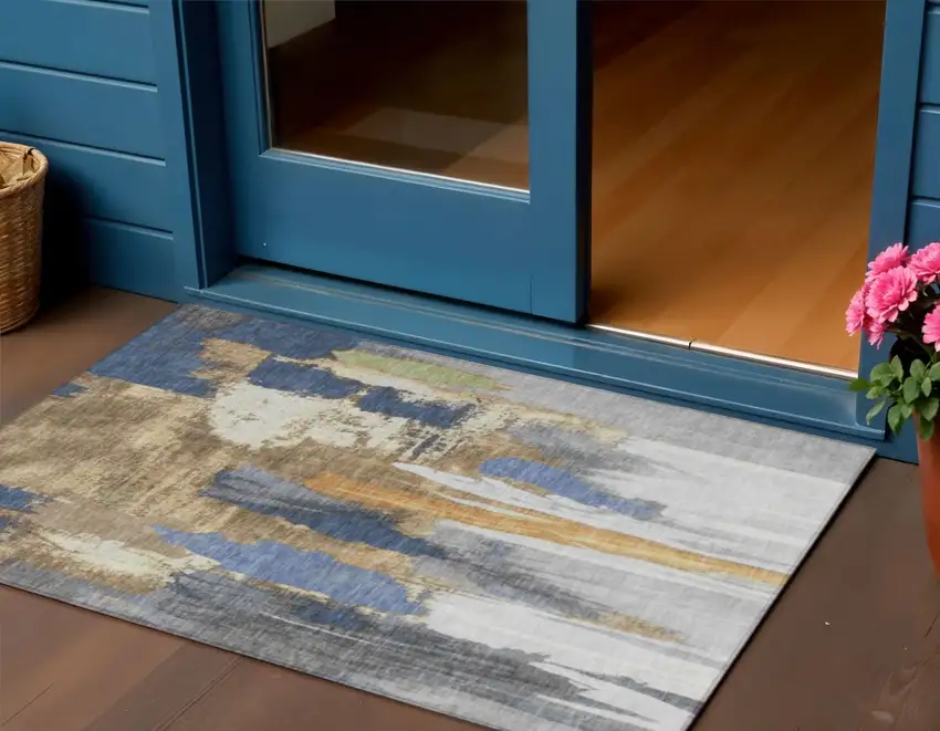 Navy Blue And Gold Abstract Washable Indoor Outdoor Area Rug Photo 2