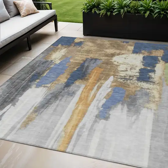 Navy Blue And Gold Abstract Washable Indoor Outdoor Area Rug Photo 2