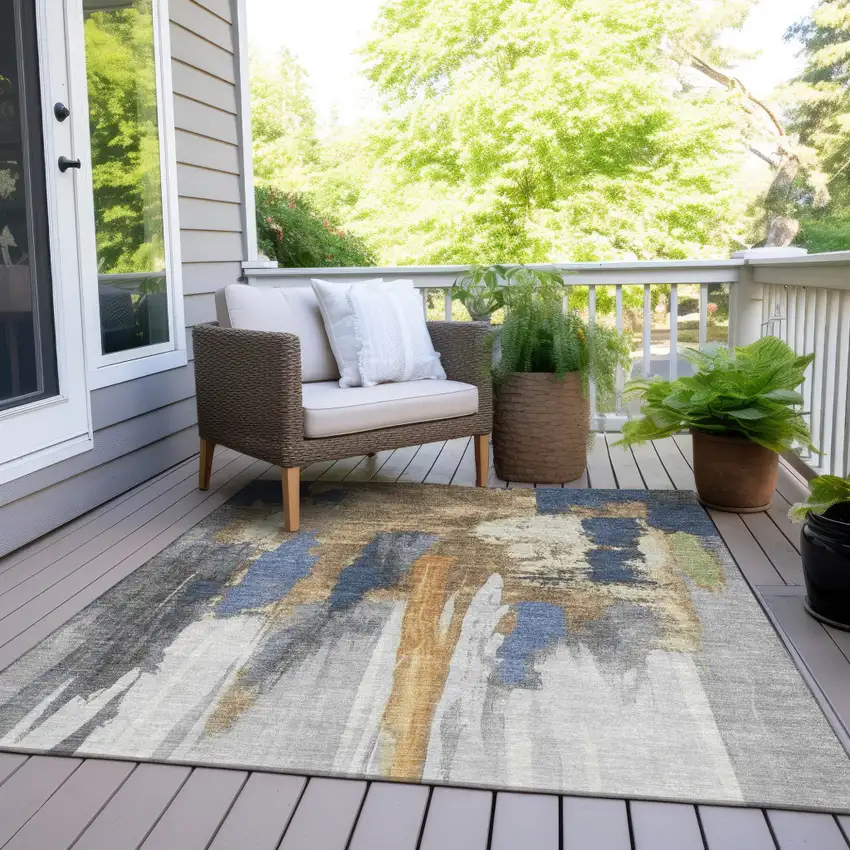 Navy Blue And Gold Abstract Washable Indoor Outdoor Area Rug Photo 7