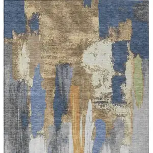 Photo of Navy Blue And Gold Abstract Washable Indoor Outdoor Area Rug