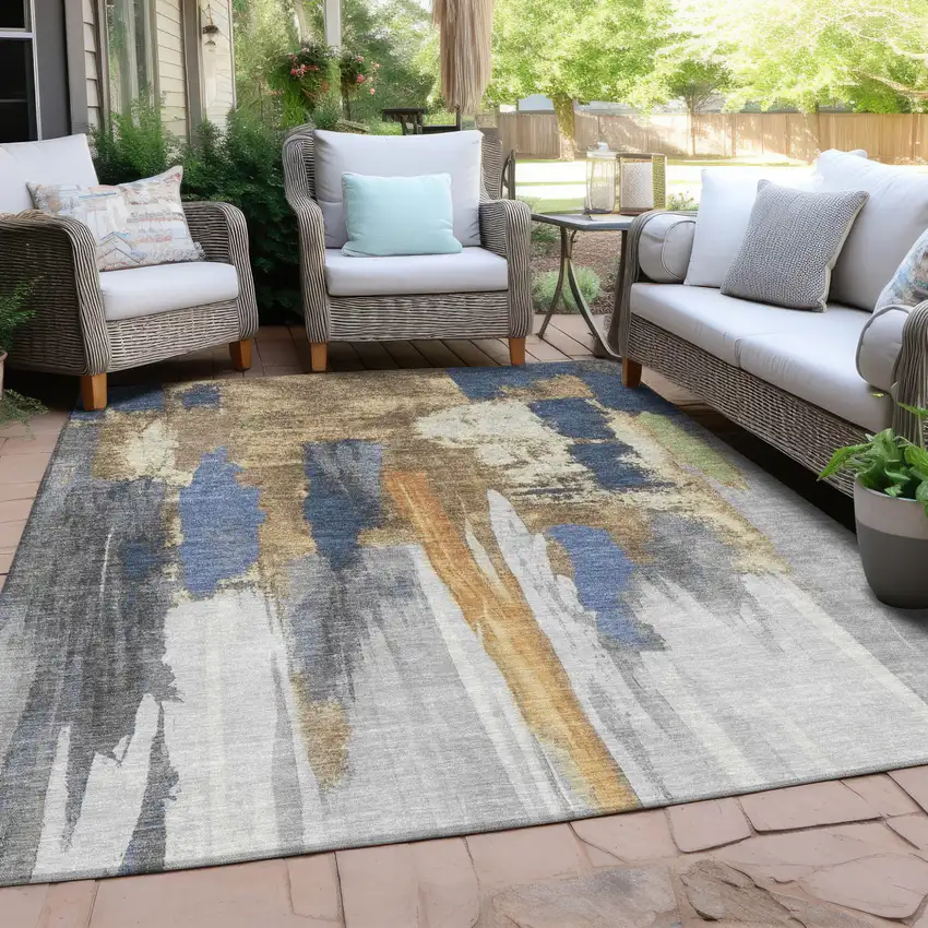 Navy Blue And Gold Abstract Washable Indoor Outdoor Area Rug Photo 4
