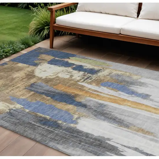 Navy Blue And Gold Abstract Washable Indoor Outdoor Area Rug Photo 2