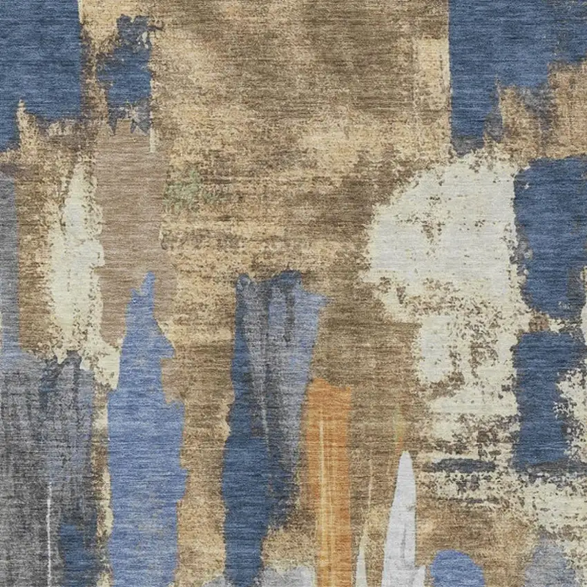 Navy Blue And Gold Abstract Washable Indoor Outdoor Area Rug Photo 1