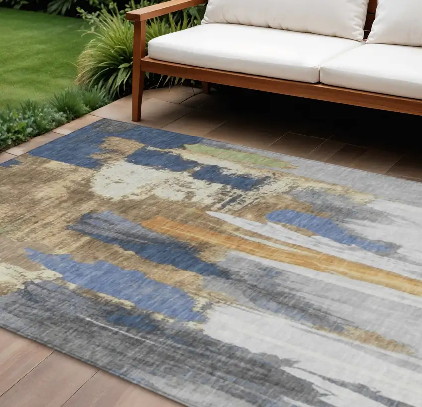 Navy Blue And Gold Abstract Washable Indoor Outdoor Area Rug Photo 2