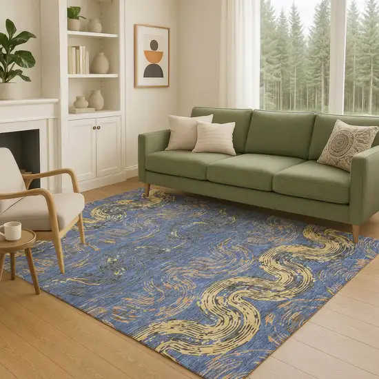 Navy Blue And Gold Abstract Washable Indoor Outdoor Area Rug Photo 5