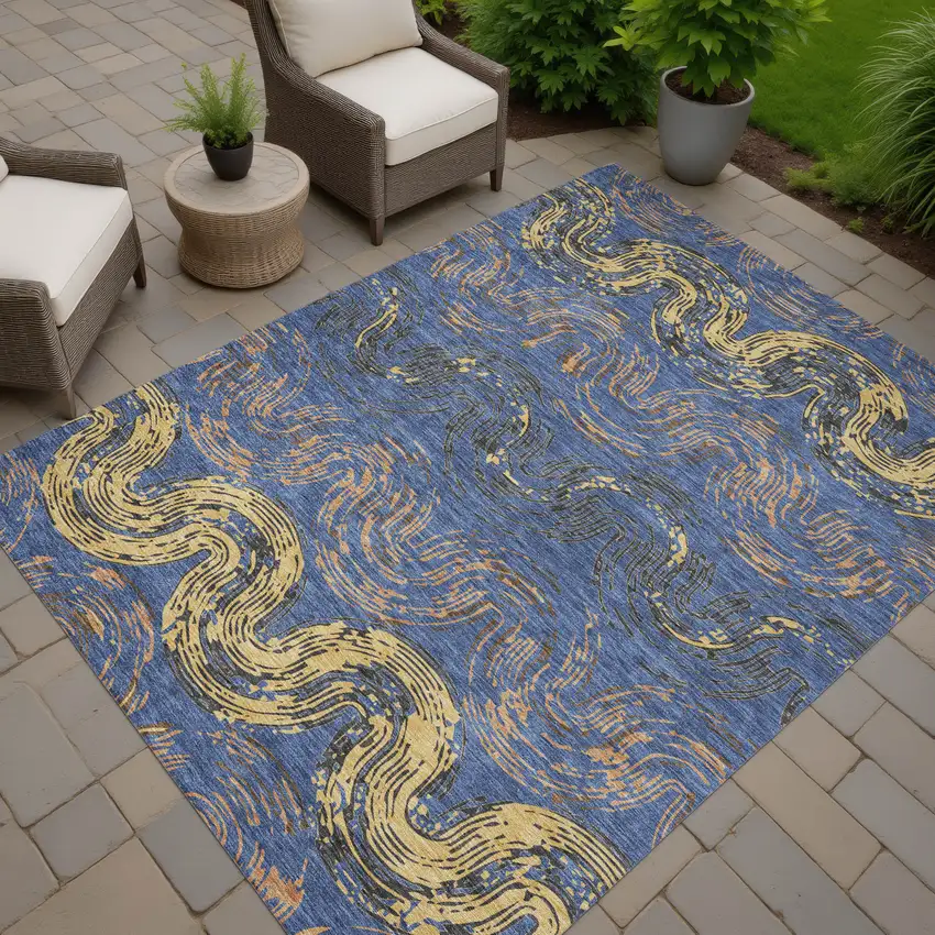 Navy Blue And Gold Abstract Washable Indoor Outdoor Area Rug Photo 7