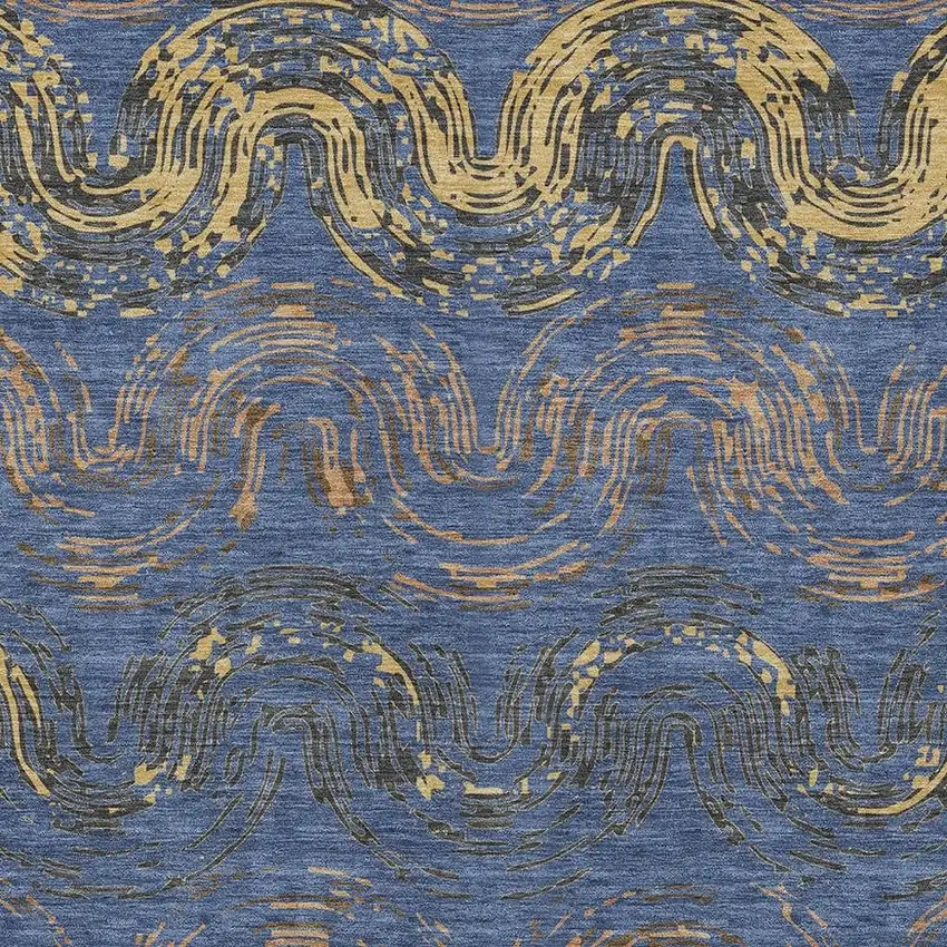 Navy Blue And Gold Abstract Washable Indoor Outdoor Area Rug Photo 2
