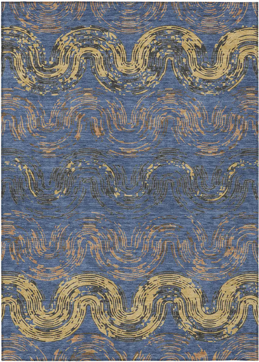 Navy Blue And Gold Abstract Washable Indoor Outdoor Area Rug Photo 1