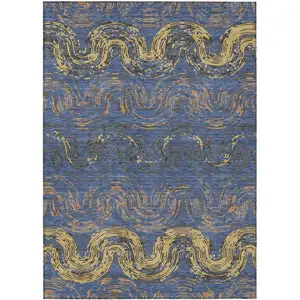 Photo of Navy Blue And Gold Abstract Washable Indoor Outdoor Area Rug