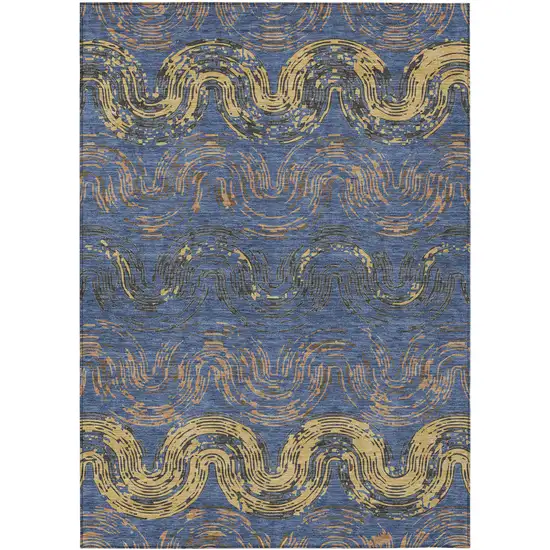 Navy Blue And Gold Abstract Washable Indoor Outdoor Area Rug Photo 1