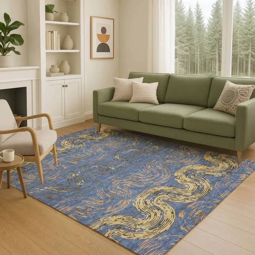 Navy Blue And Gold Abstract Washable Indoor Outdoor Area Rug Photo 5
