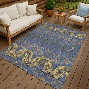 Photo of Navy Blue And Gold Abstract Washable Indoor Outdoor Area Rug