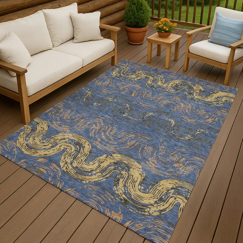 Navy Blue And Gold Abstract Washable Indoor Outdoor Area Rug Photo 4