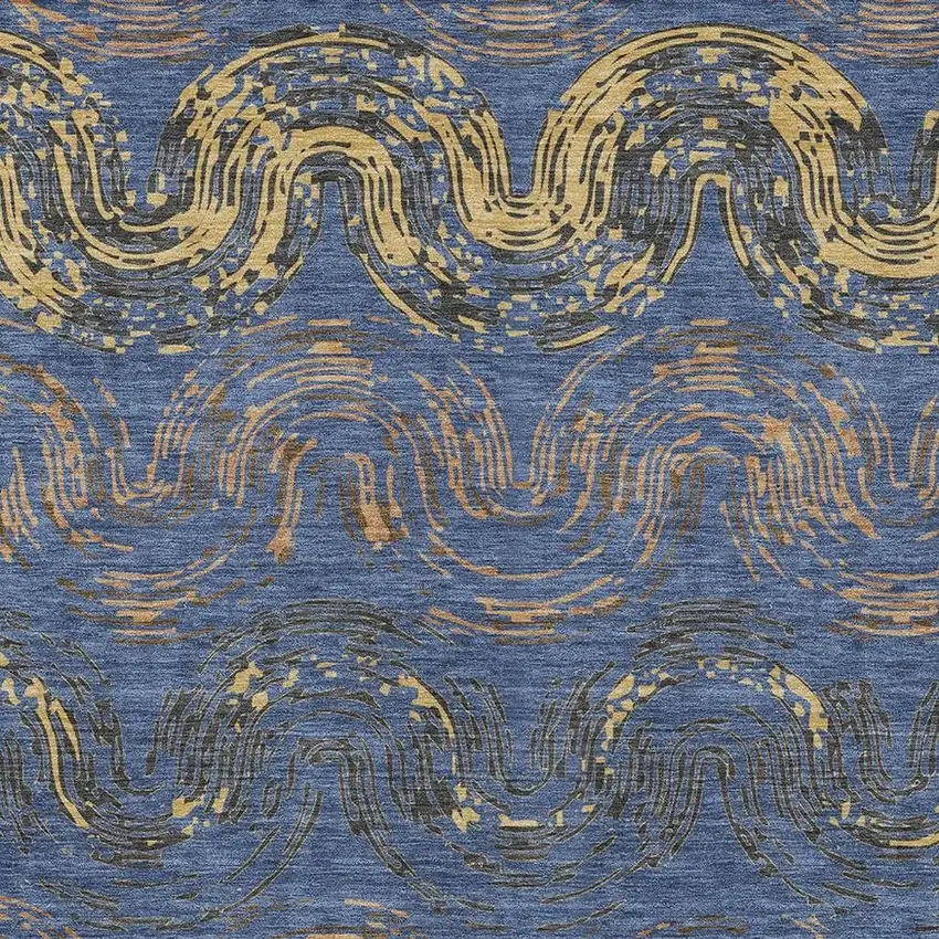 Navy Blue And Gold Abstract Washable Indoor Outdoor Area Rug Photo 2