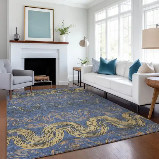 Navy Blue And Gold Abstract Washable Indoor Outdoor Area Rug Photo 6