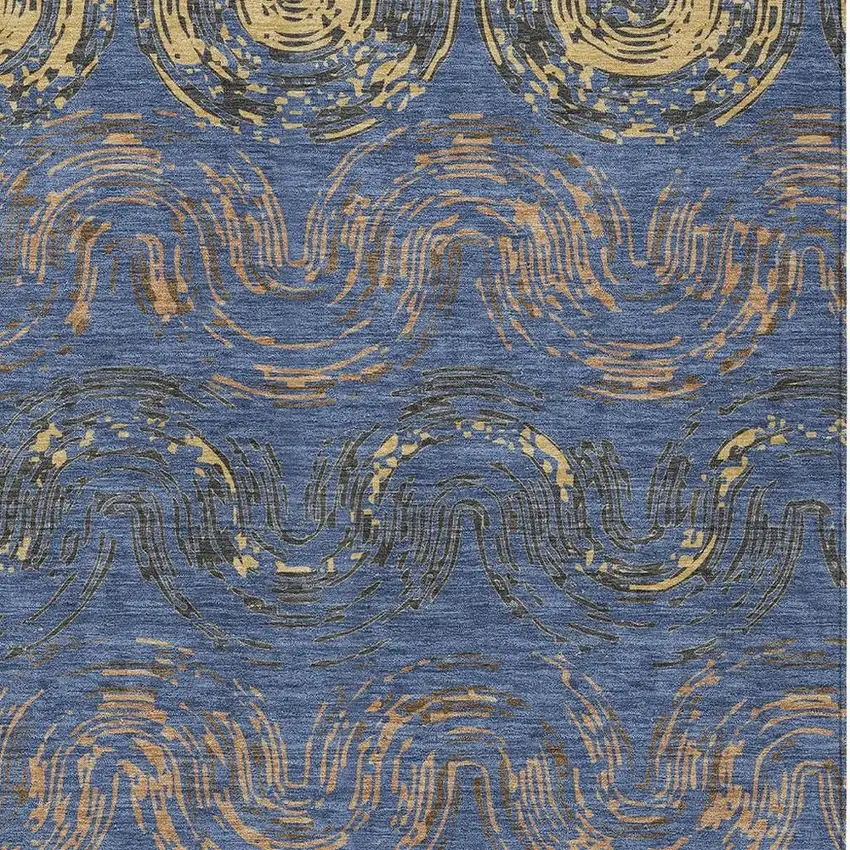 Navy Blue And Gold Abstract Washable Indoor Outdoor Area Rug Photo 2