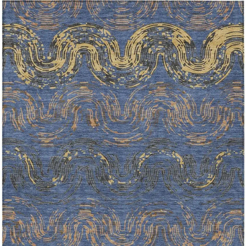Navy Blue And Gold Abstract Washable Indoor Outdoor Area Rug Photo 3