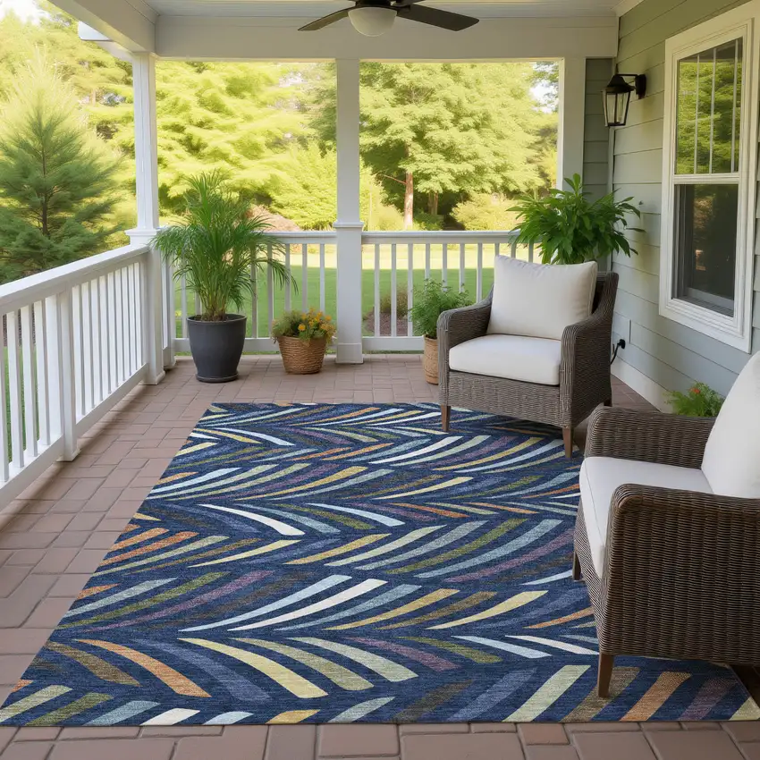 Navy Blue And Gold Abstract Washable Indoor Outdoor Area Rug Photo 4