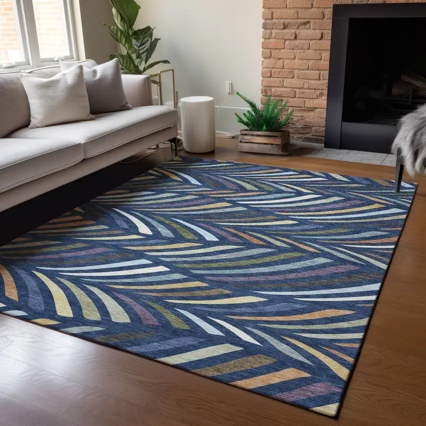 Navy Blue And Gold Abstract Washable Indoor Outdoor Area Rug Photo 5