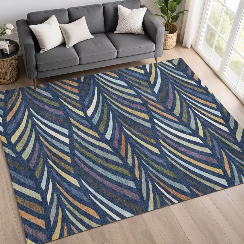 Navy Blue And Gold Abstract Washable Indoor Outdoor Area Rug Photo 6