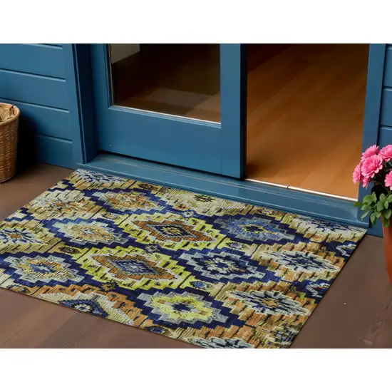 Navy Blue And Gold Aztec Washable Indoor Outdoor Area Rug Photo 2