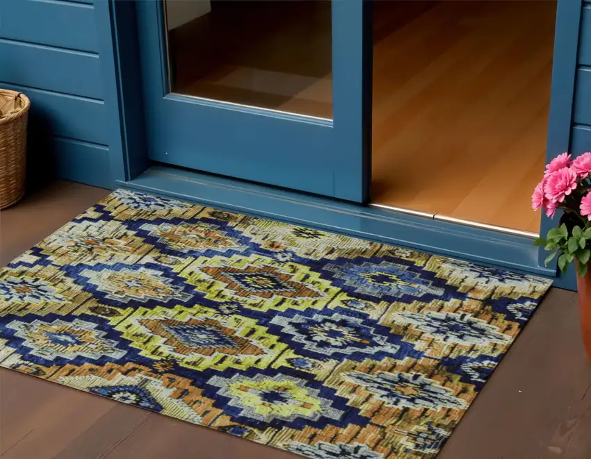 Navy Blue And Gold Aztec Washable Indoor Outdoor Area Rug Photo 2
