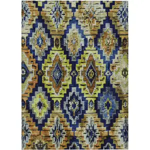 Photo of Navy Blue And Gold Aztec Washable Indoor Outdoor Area Rug