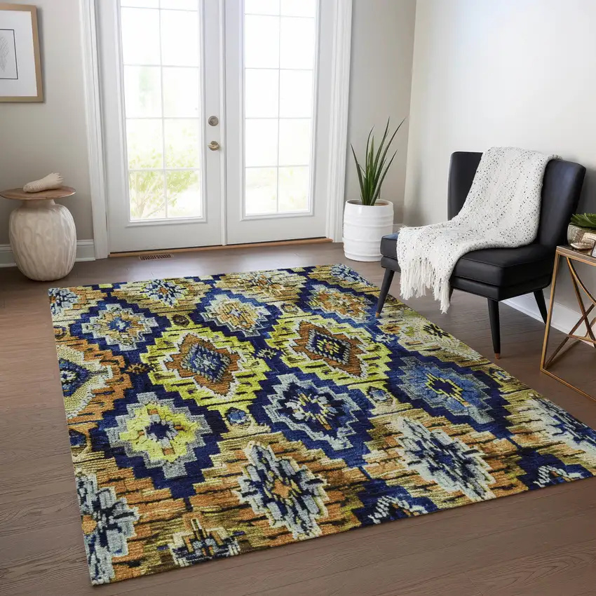 Navy Blue And Gold Aztec Washable Indoor Outdoor Area Rug Photo 6