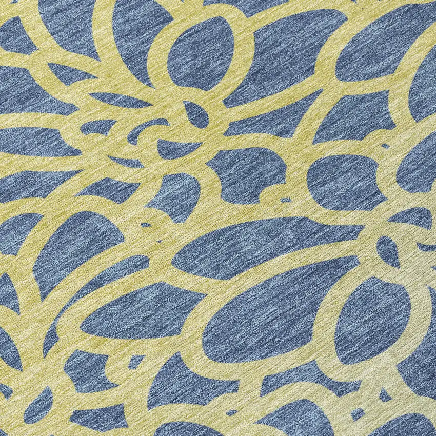 Navy Blue And Gold Botanical Leaves Washable Indoor Outdoor Area Rug Photo 1