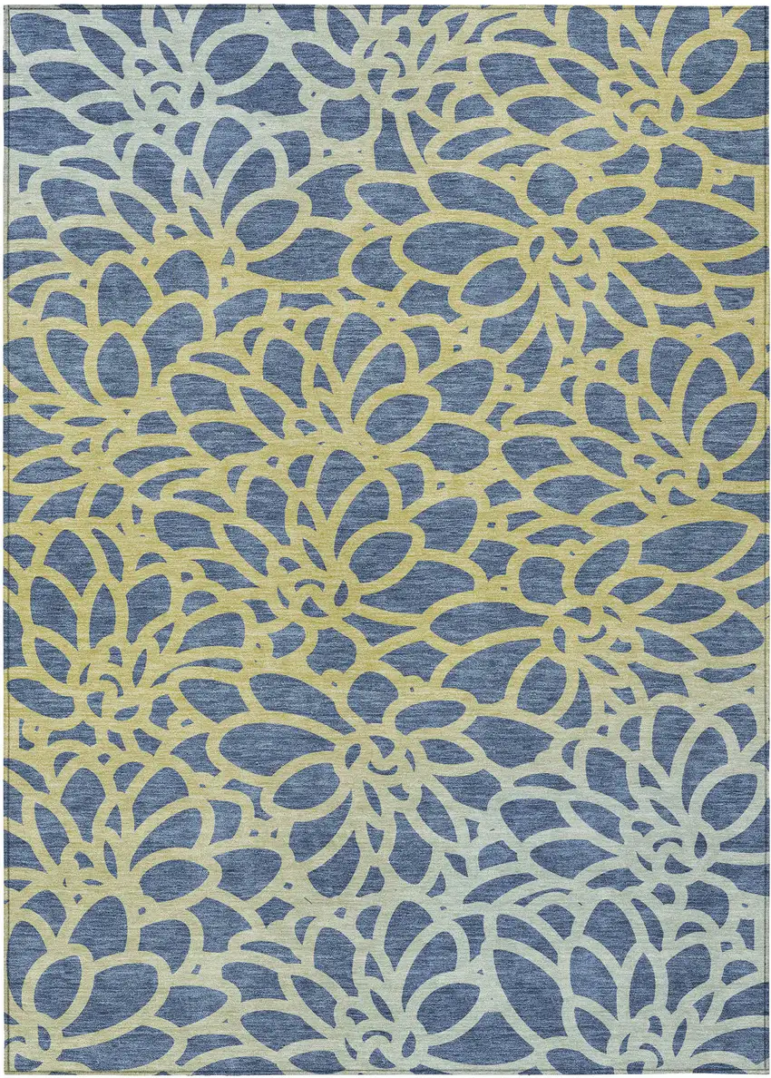 Navy Blue And Gold Botanical Leaves Washable Indoor Outdoor Area Rug Photo 8