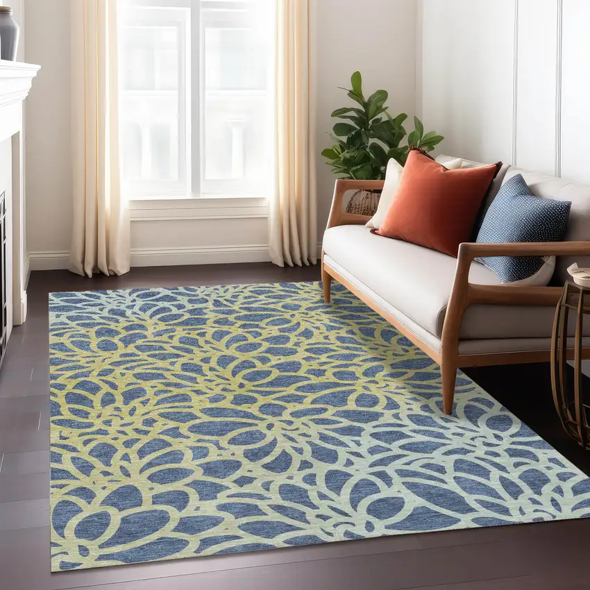 Navy Blue And Gold Botanical Leaves Washable Indoor Outdoor Area Rug Photo 5