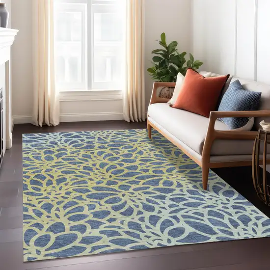 Navy Blue And Gold Botanical Leaves Washable Indoor Outdoor Area Rug Photo 4