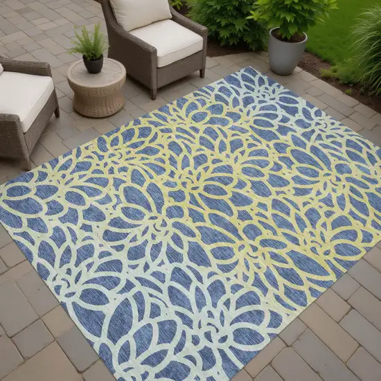 Navy Blue And Gold Botanical Leaves Washable Indoor Outdoor Area Rug Photo 5