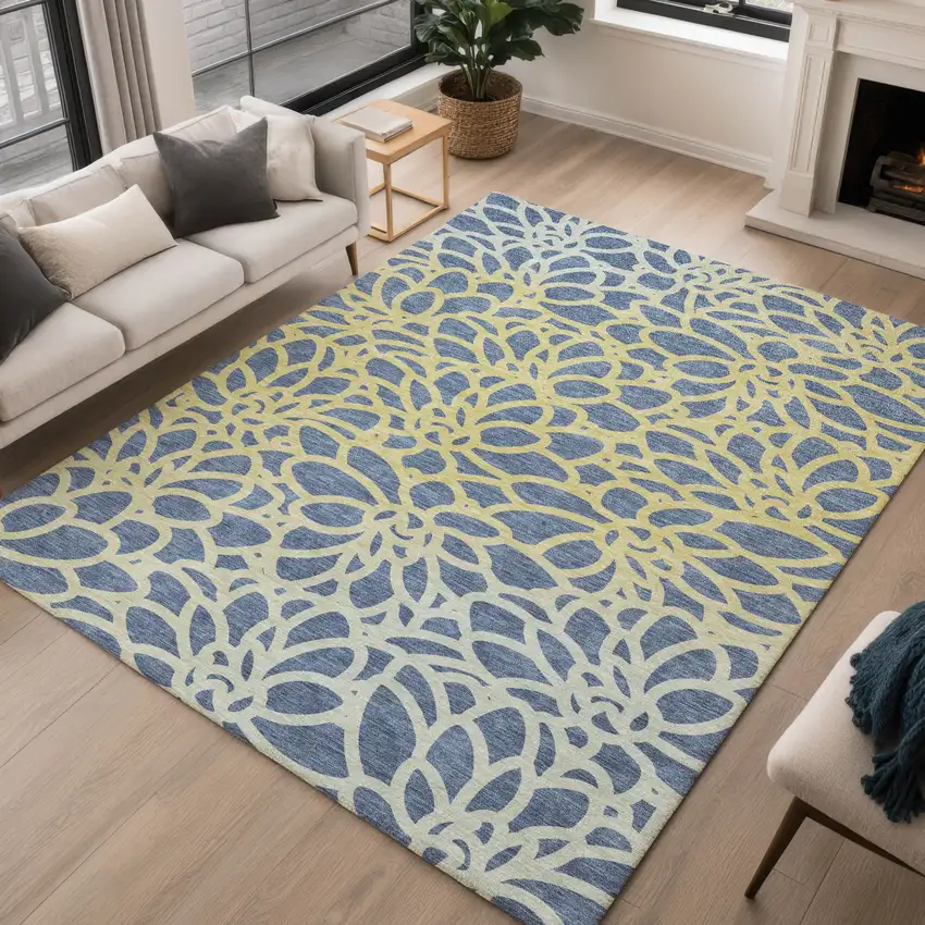 Navy Blue And Gold Botanical Leaves Washable Indoor Outdoor Area Rug Photo 3
