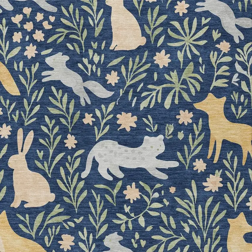 Navy Blue And Gold Botanical Leaves Washable Indoor Outdoor Area Rug Photo 2