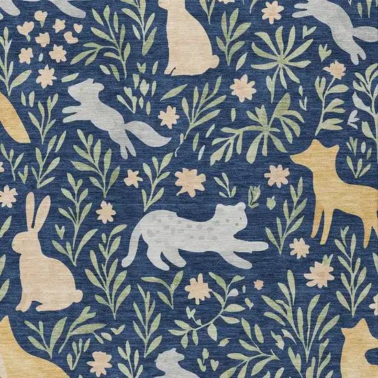 Navy Blue And Gold Botanical Leaves Washable Indoor Outdoor Area Rug Photo 2