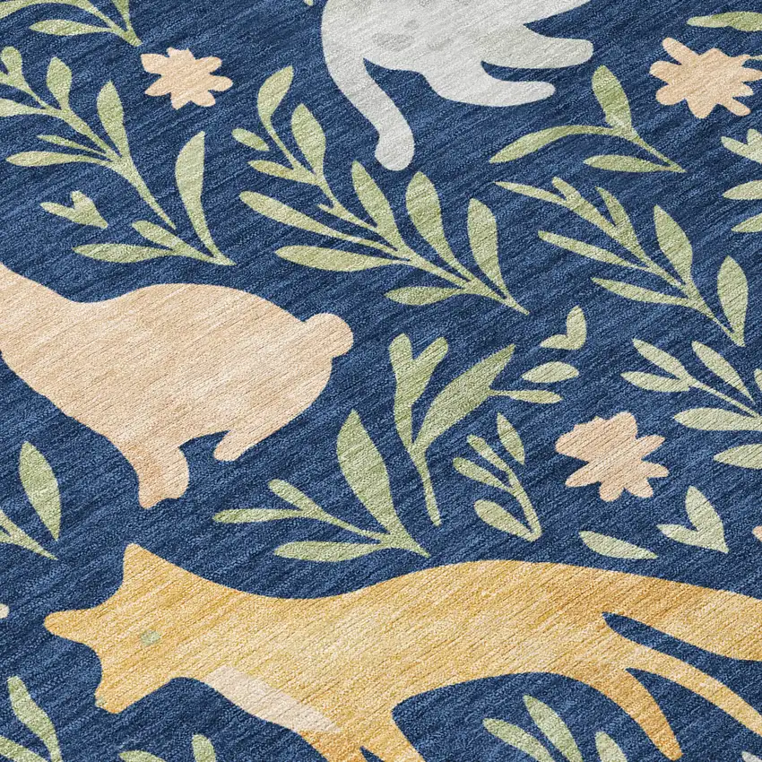 Navy Blue And Gold Botanical Leaves Washable Indoor Outdoor Area Rug Photo 9