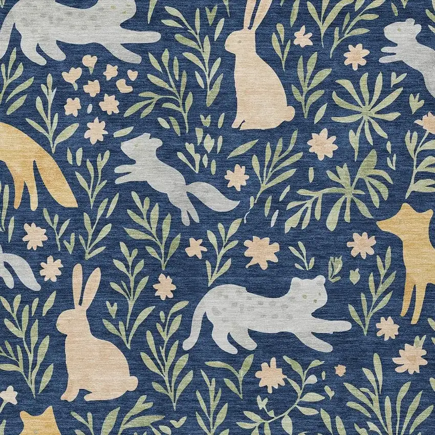 Navy Blue And Gold Botanical Leaves Washable Indoor Outdoor Area Rug Photo 2