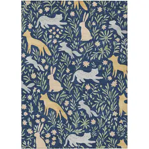 Photo of Navy Blue And Gold Botanical Leaves Washable Indoor Outdoor Area Rug