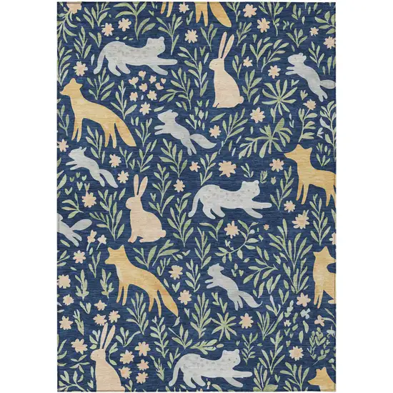 Navy Blue And Gold Botanical Leaves Washable Indoor Outdoor Area Rug Photo 1
