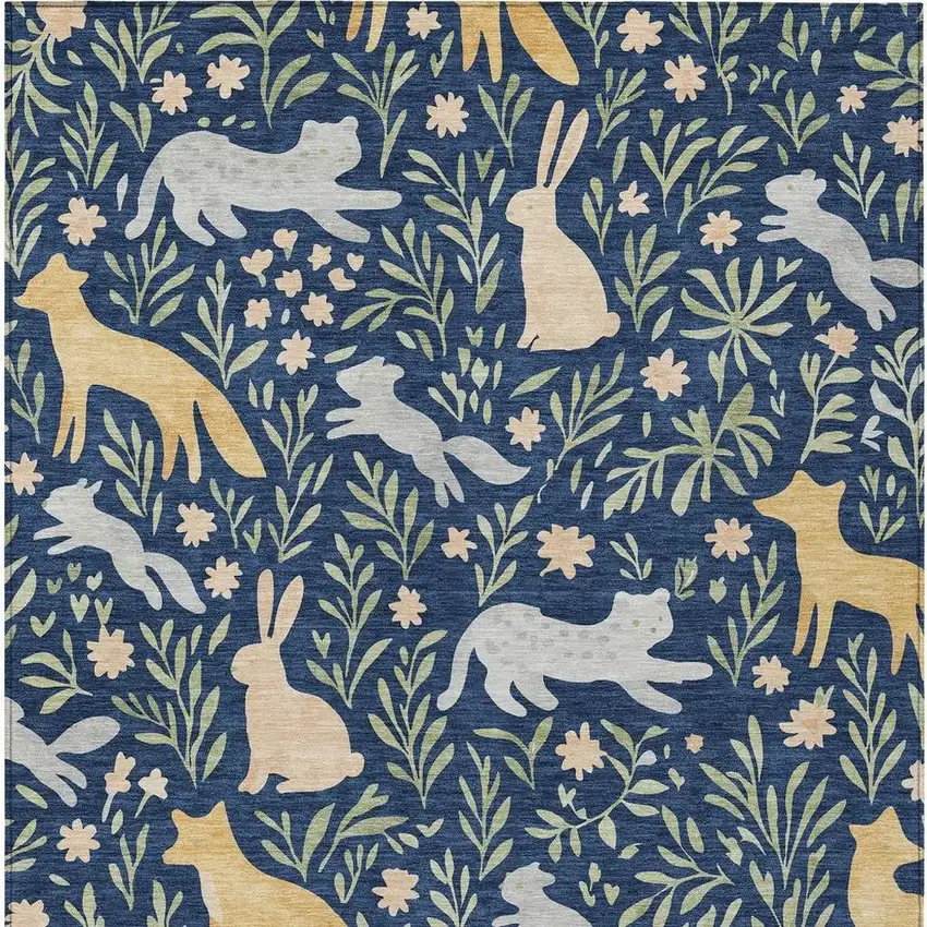 Navy Blue And Gold Botanical Leaves Washable Indoor Outdoor Area Rug Photo 3
