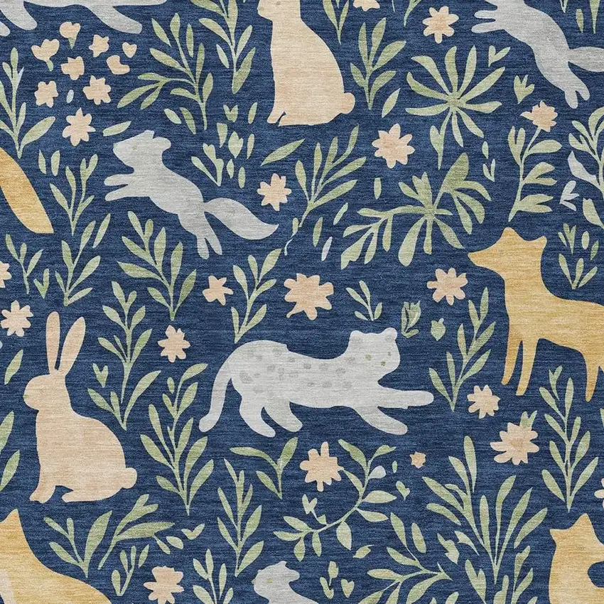 Navy Blue And Gold Botanical Leaves Washable Indoor Outdoor Area Rug Photo 2