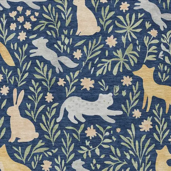 Navy Blue And Gold Botanical Leaves Washable Indoor Outdoor Area Rug Photo 2