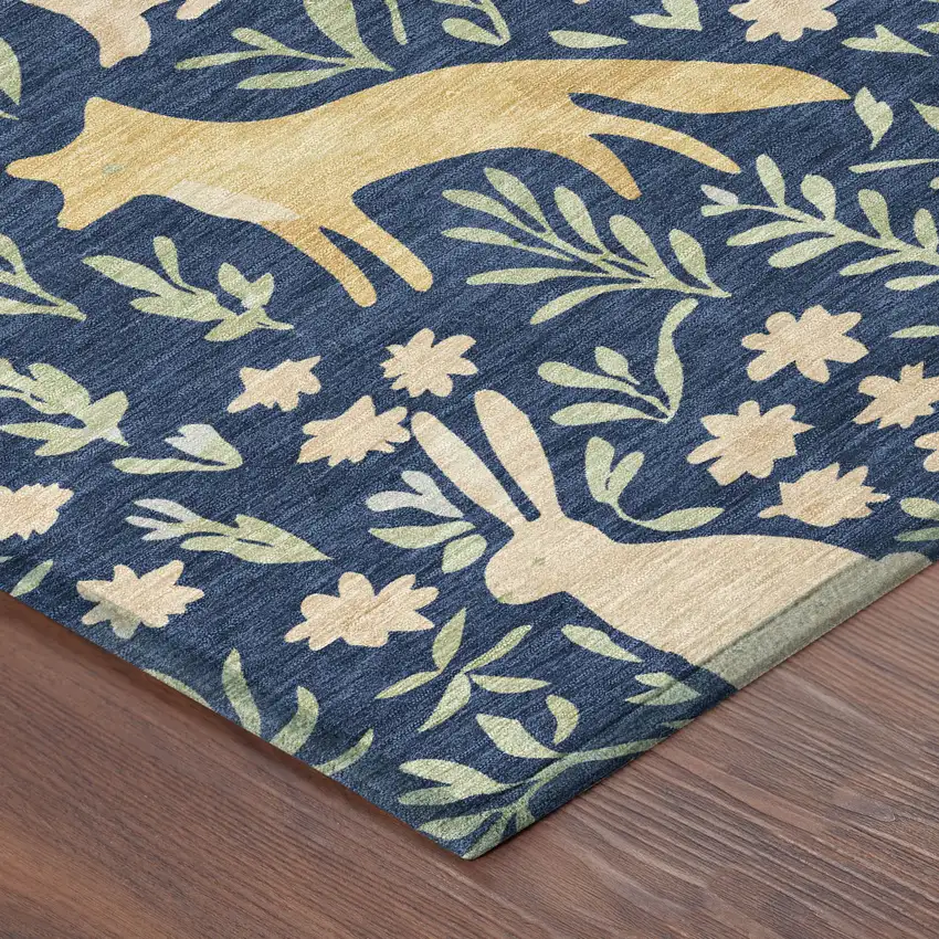Navy Blue And Gold Botanical Leaves Washable Indoor Outdoor Area Rug Photo 8