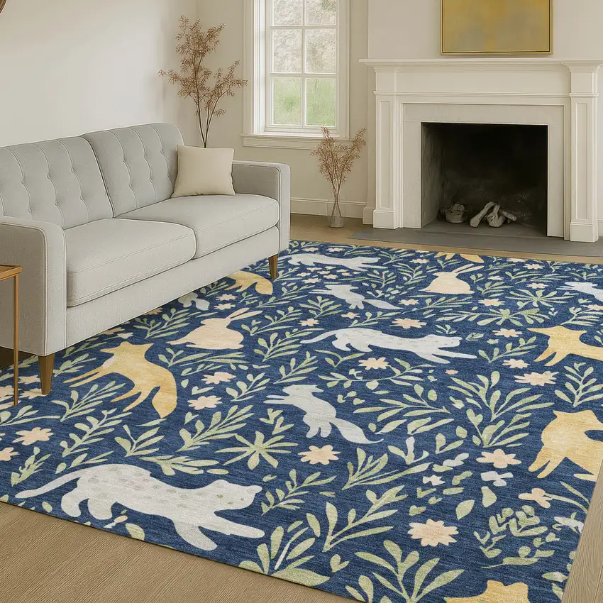 Navy Blue And Gold Botanical Leaves Washable Indoor Outdoor Area Rug Photo 6