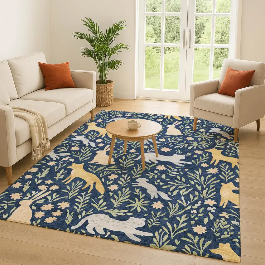Navy Blue And Gold Botanical Leaves Washable Indoor Outdoor Area Rug Photo 5