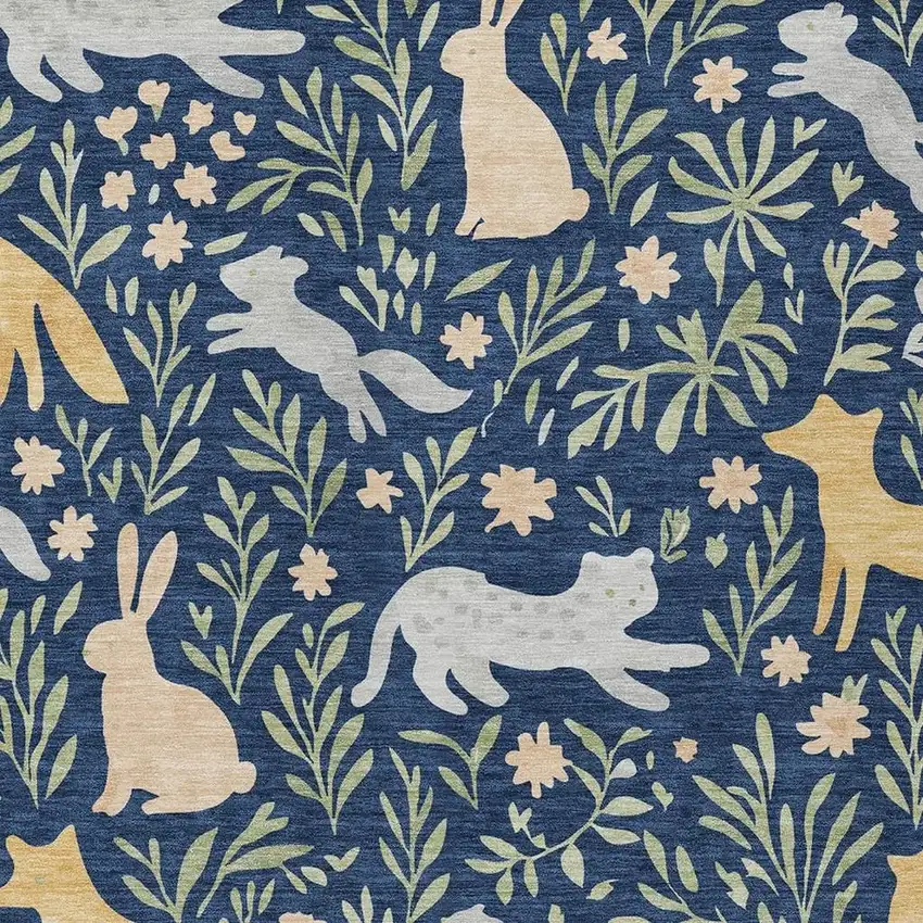 Navy Blue And Gold Botanical Leaves Washable Indoor Outdoor Area Rug Photo 2