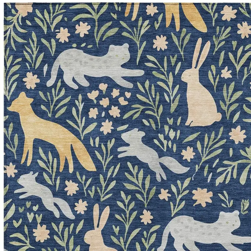 Navy Blue And Gold Botanical Leaves Washable Indoor Outdoor Area Rug Photo 2