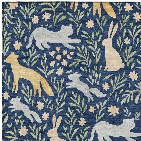 Navy Blue And Gold Botanical Leaves Washable Indoor Outdoor Area Rug Photo 2