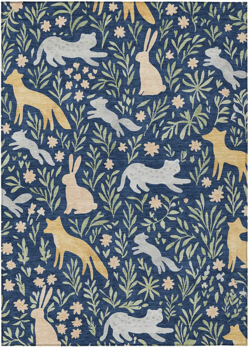 Navy Blue And Gold Botanical Leaves Washable Indoor Outdoor Area Rug Photo 1